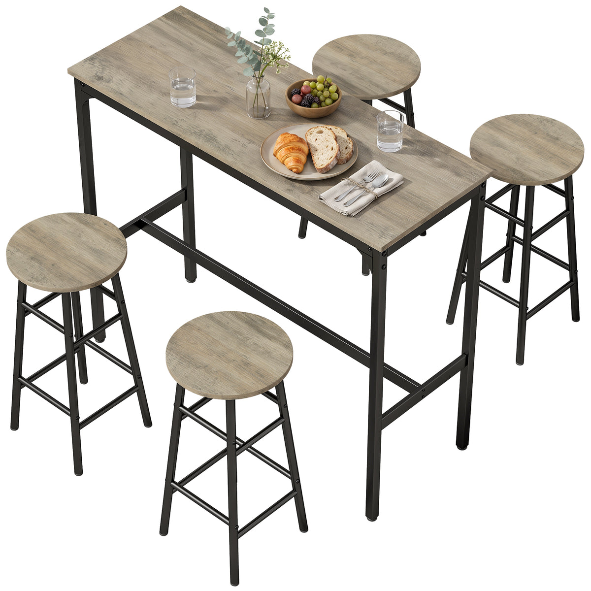 5 Piece Bar Set, Industrial Kitchen And Chair Set Grey Wood Effect