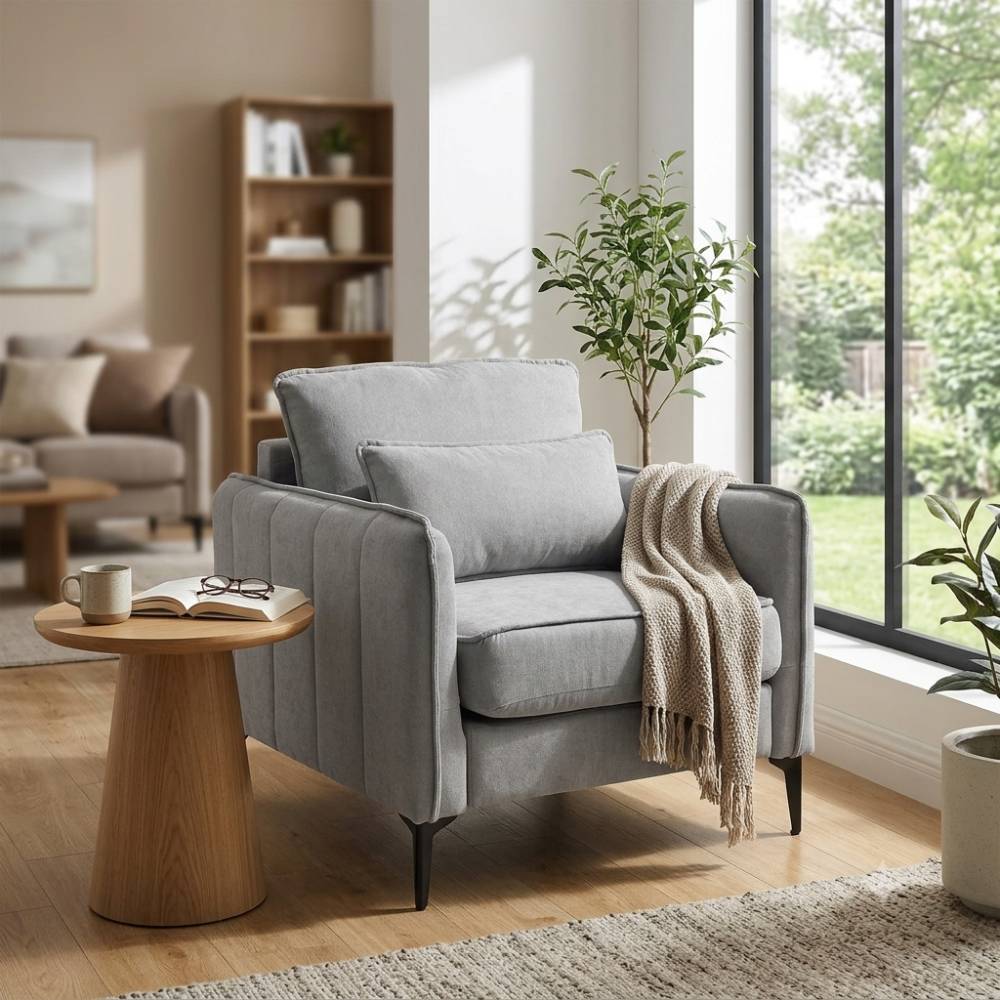 Modern Upholstered Accent Chair Armchair With Lumbar Pillow | Light Grey