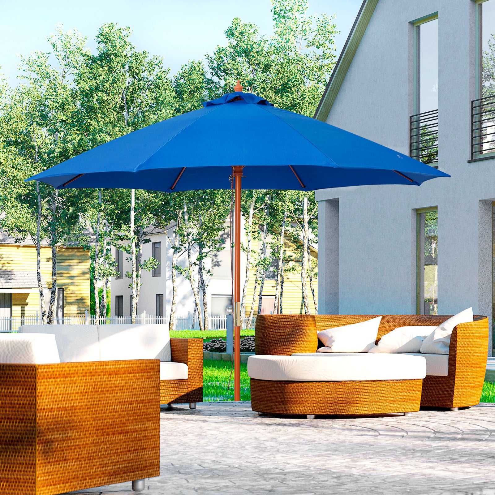 2.5m Wooden Garden Parasol Sun Shade | Blue