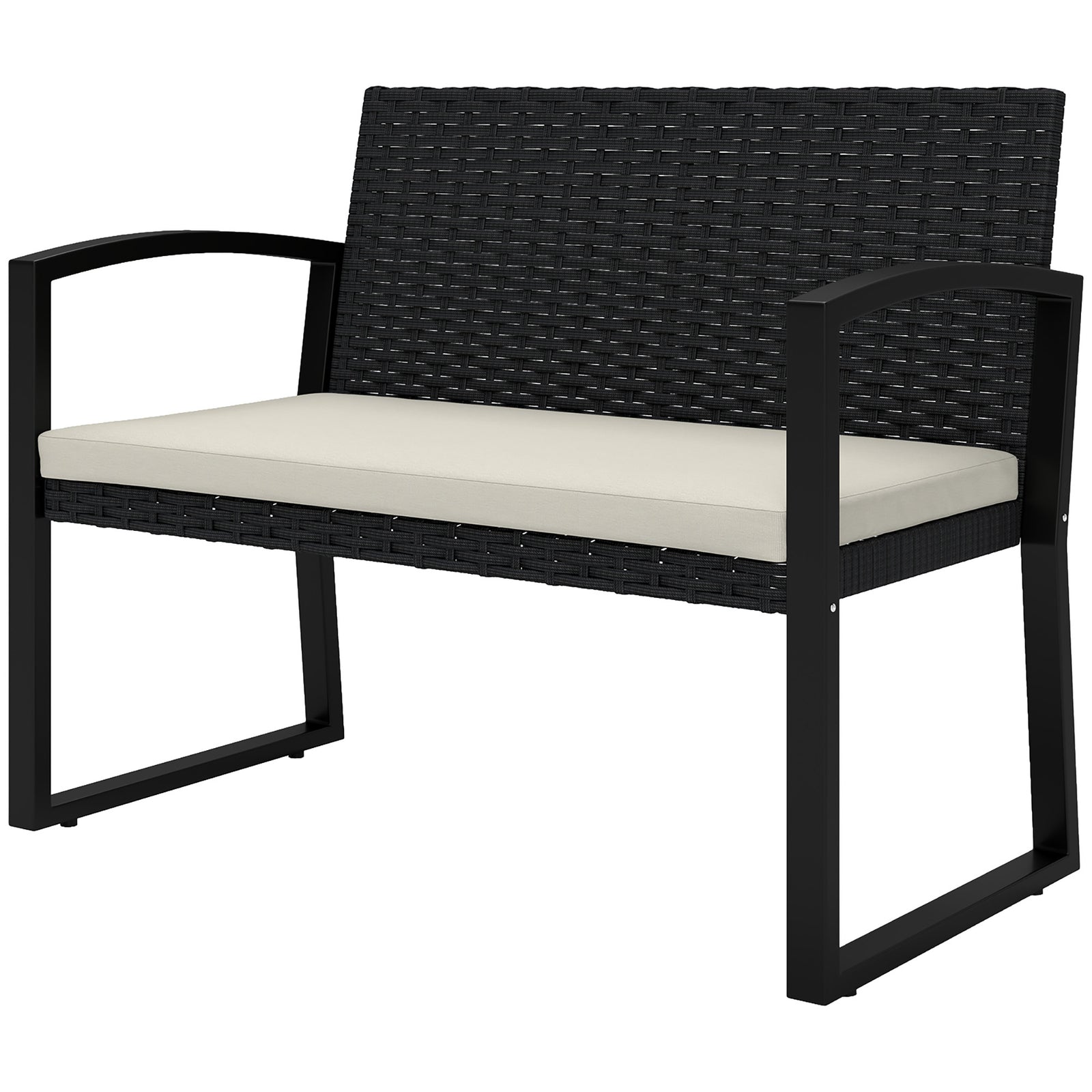 2 Seater Rattan Garden Bench With Cushion, Steel Frame | Black