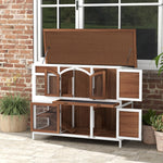 Two-tier Wooden Rabbit Hutch W/ Openable Roof, Slide-out Tray, Ramp | Brown