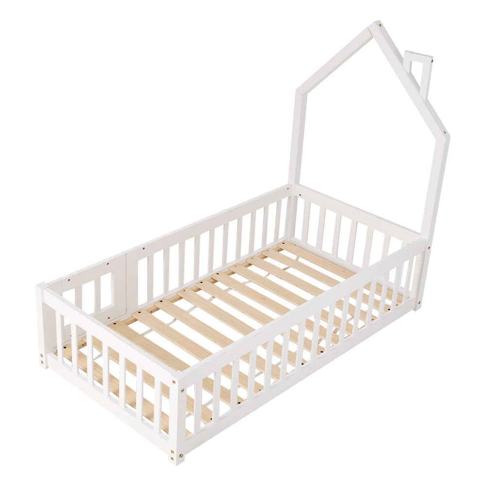 Children's House-shaped Bed Frame With Guardrails, Pine Wood, 140cm X 70cm, Safe And Playful Design For Kids' Room | White