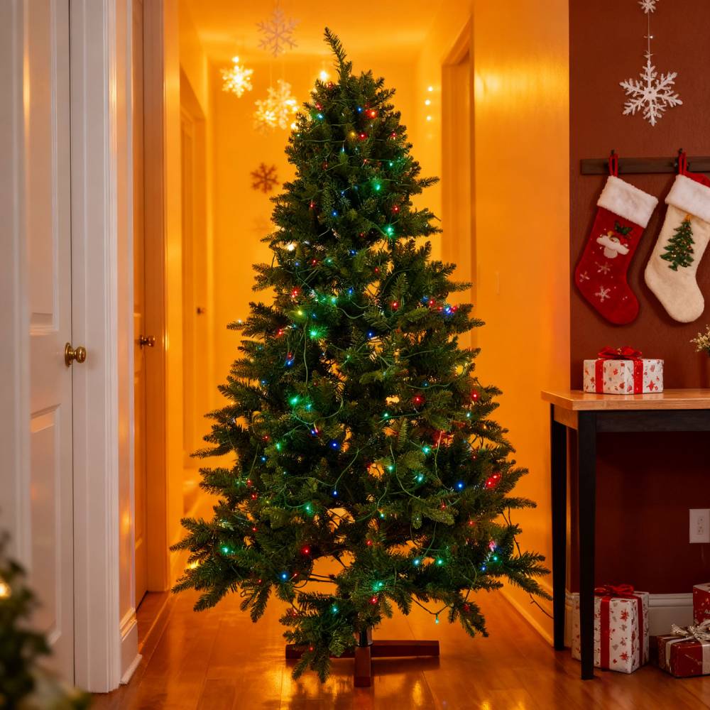 Artificial Christmas Tree With Rgb Lights & Wood Stand
