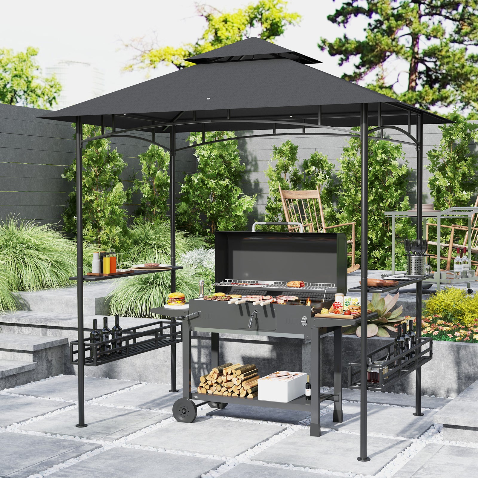 8' X 5' Grill Gazebo Canopy With 2 Side Shelves, Hook | Dark Gray