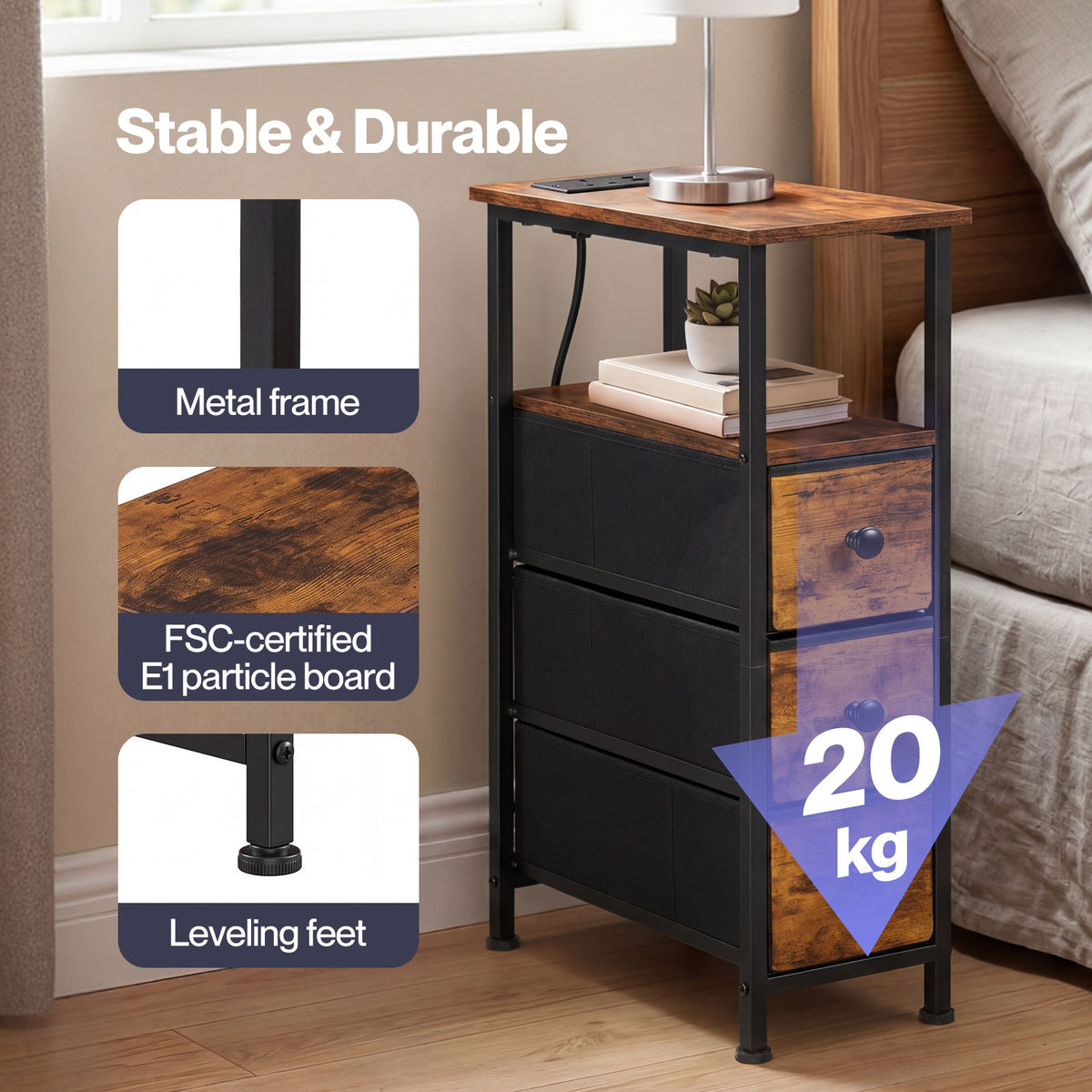 Bedside Table With Led Light Charging 3 Fabric Drawers Storage Brown | Brown