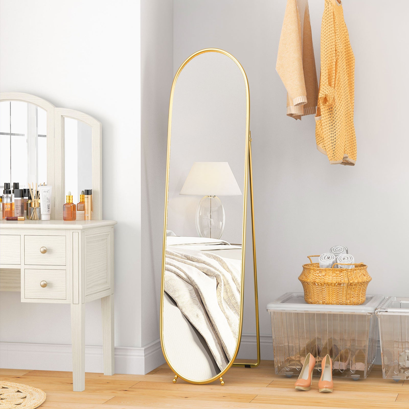 Oval Full Length Mirror With Metal Frame Hanging Or Leaning | One Size | Gold