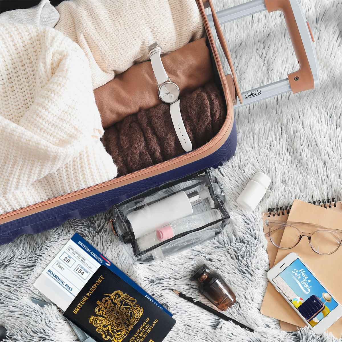 Set Of 3 Hard Shell Suitcase Cabin & Check In Cases With Tsa Lock - Overhead Cabin With Medium & Large Check-in Bag | Set of 3 | Navy & Tan