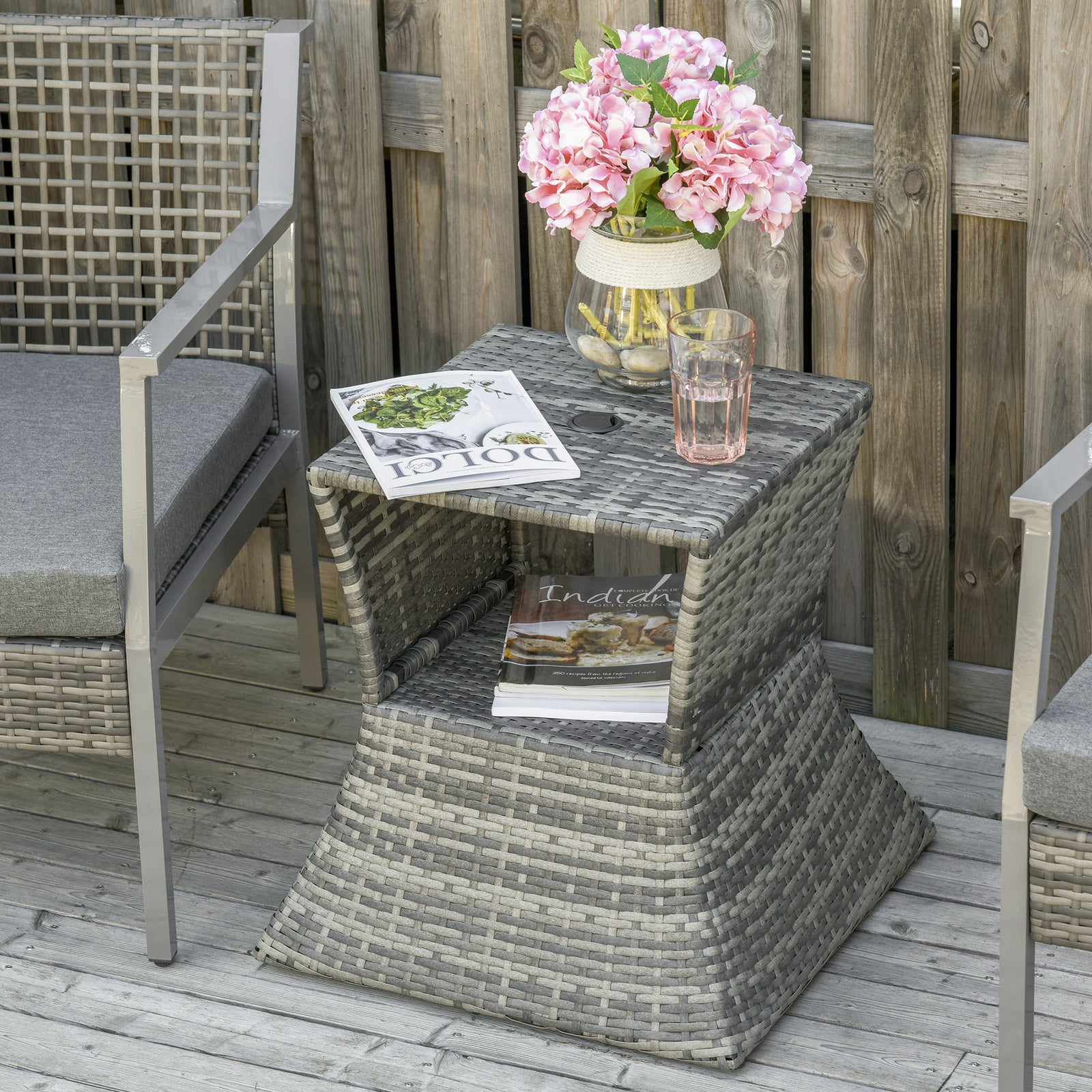 Rattan Side Table Outdoor Tea Coffee Table W/ Umbrella Hole