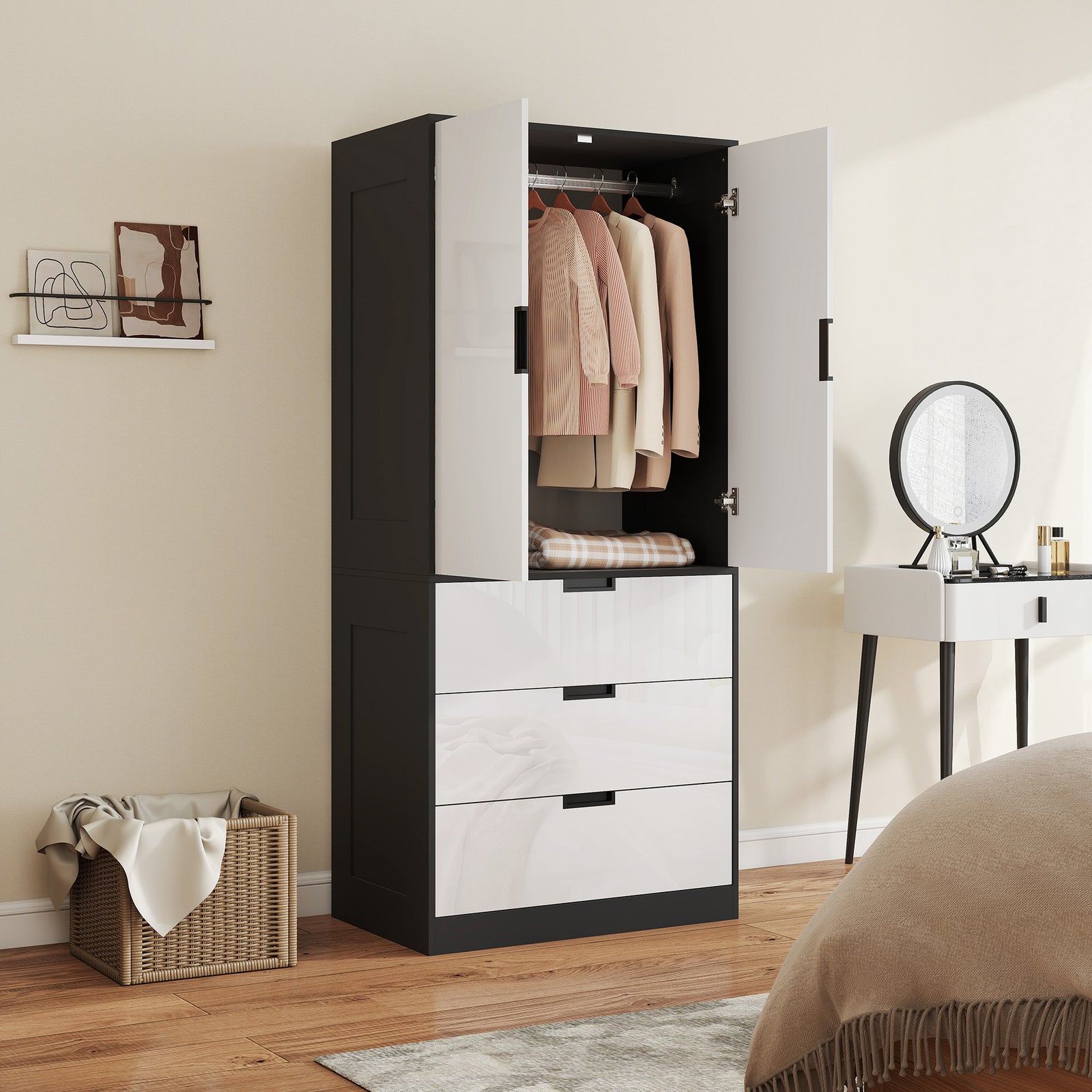 Modern Wardrobe White Wardrobe With 3 Drawer And Hanging Rod