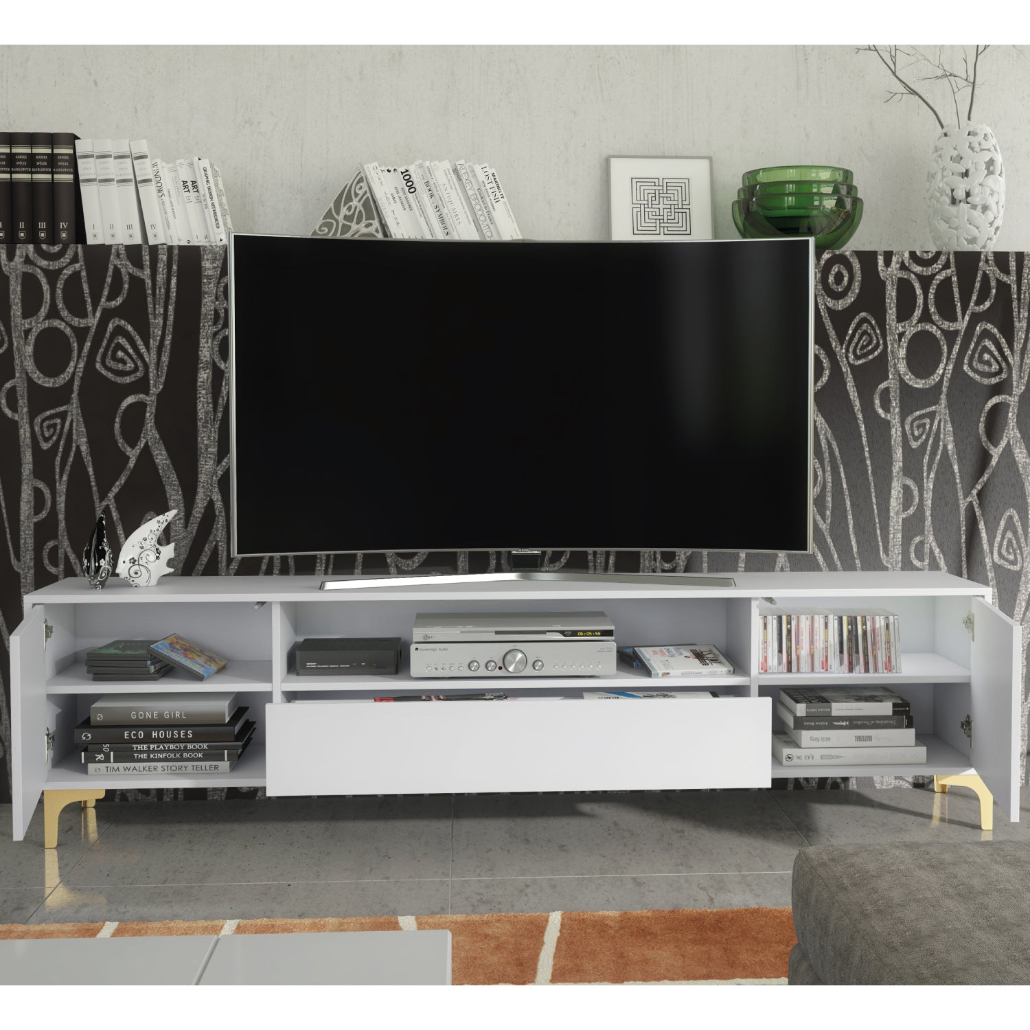 Tide Crest Gold Tv Unit 200cm - Fluted Design | White