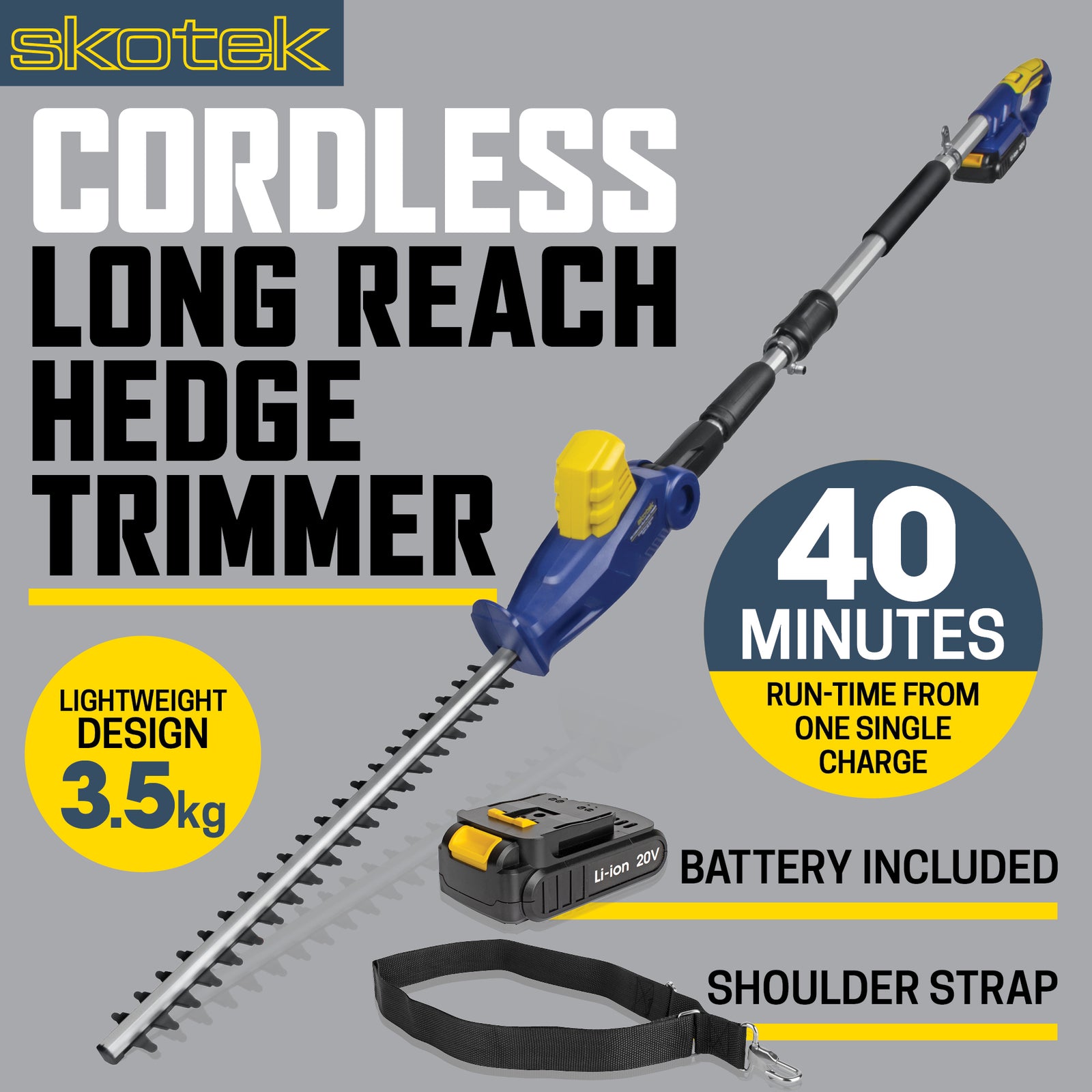 Cordless Hedge Trimmer 18v Li-ion Long Reach Telescopic Garden Hedge Cutter, Battery & Charger Included