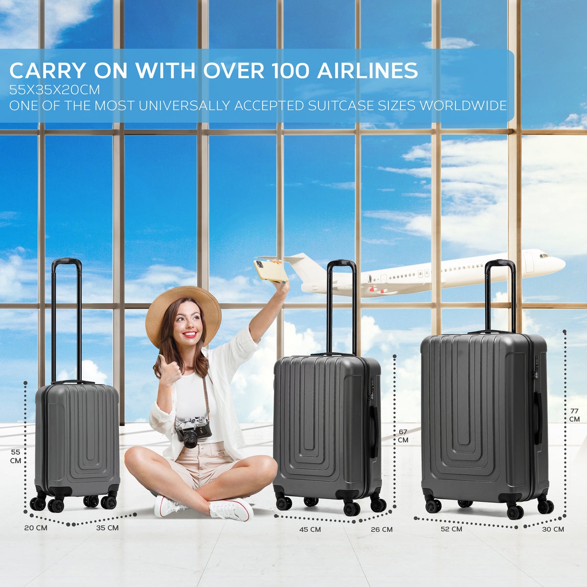 Set Of 3 Hard Shell Suitcases Overhead Carry On Cabin Bag & Check In 20kg+ Medium And Large Bag. | Set of 3 | Anthracite