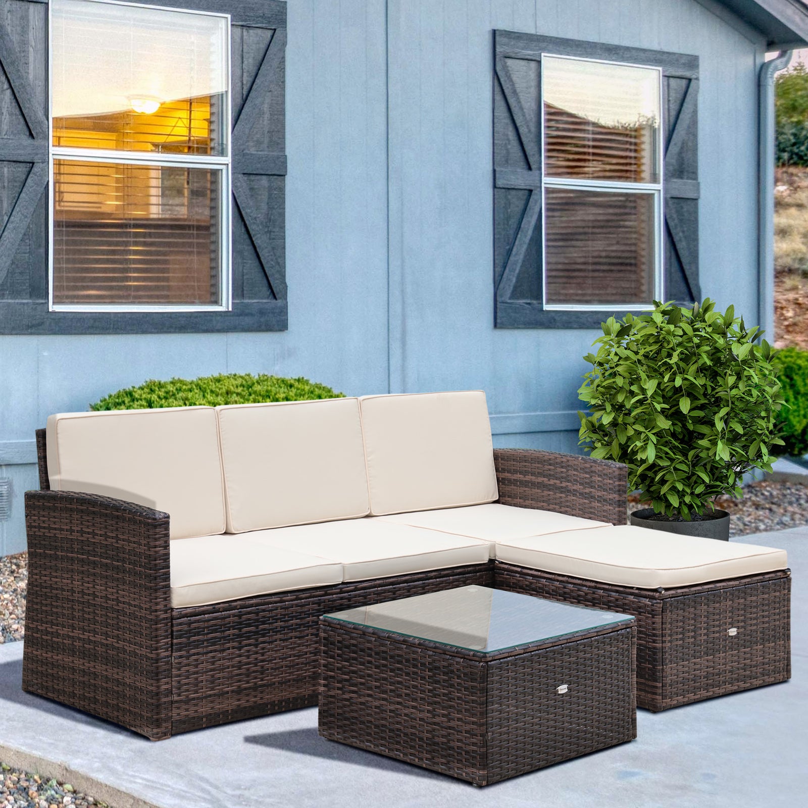 3pc Pe Rattan Wicker Set 3-seater Sofa Footstool Table
