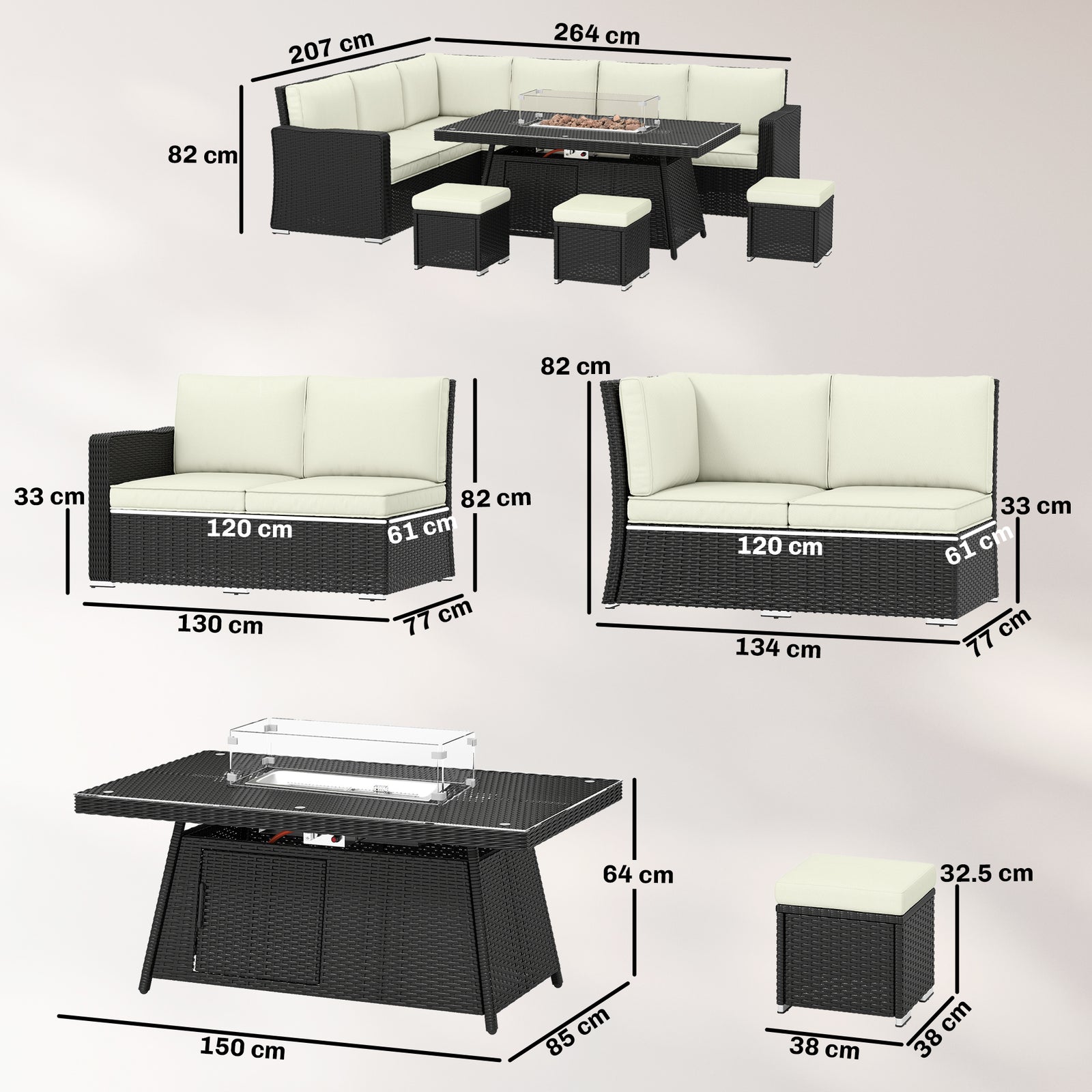 7 Pieces Rattan Garden Furniture Set W/ 50,000 Btu Fire Pit Table | Cream