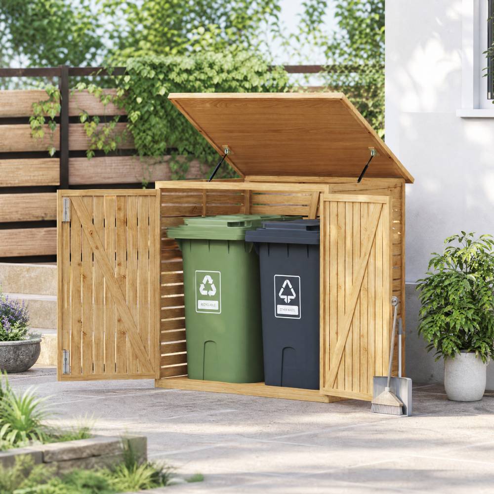 Outdoor Fir Wood Trash Bin Storage Shed– Sloped Asphalt Roof, Lockable Door, Natural Wood, Floor Included