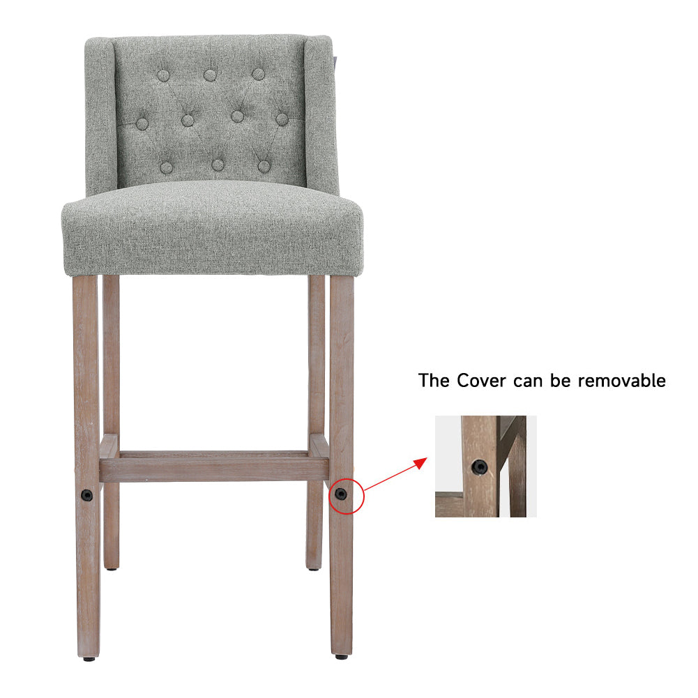 Elegant Set Of 2 Bar Stools Linen Tufted With Wood Legs & Low Back | Light Grey