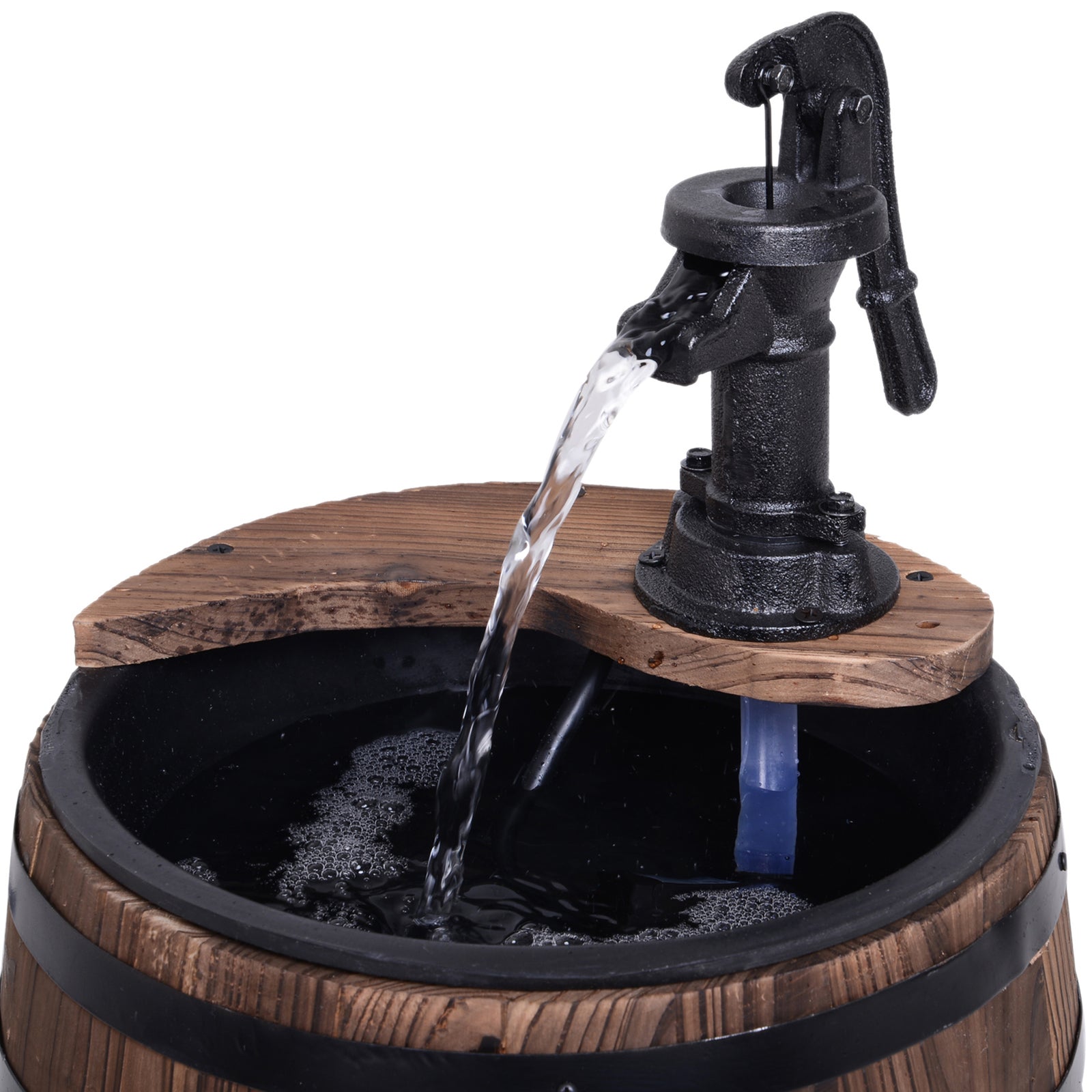 Electric Water Fountain Wood Barrel With Planter Decor