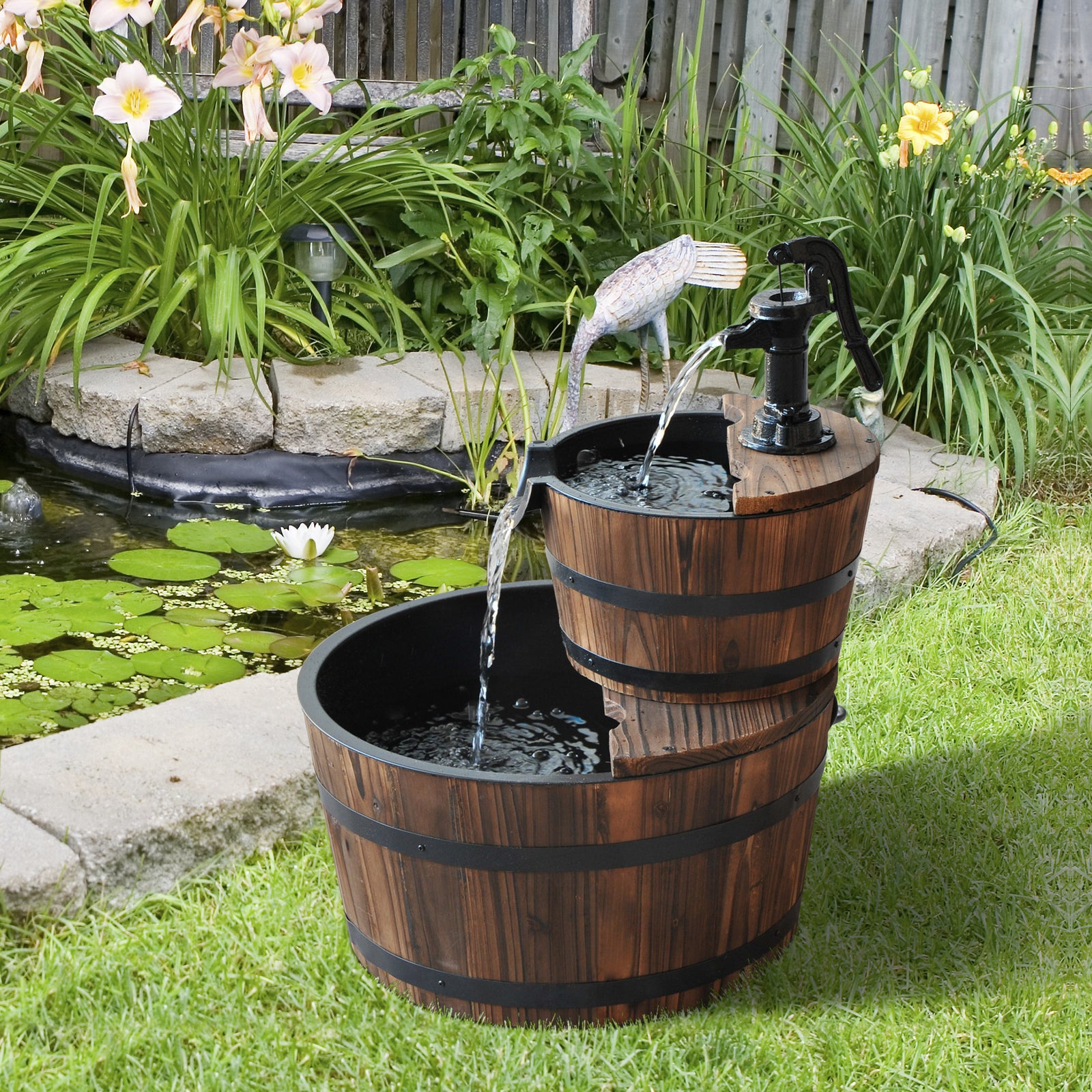 2 Tier Wood Barrel Water Pump Fountain, Garden Decor
