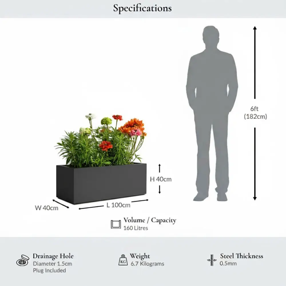Zinc Galvanised Trough Planter | 100cm x 40cm x 40cm | Grey
