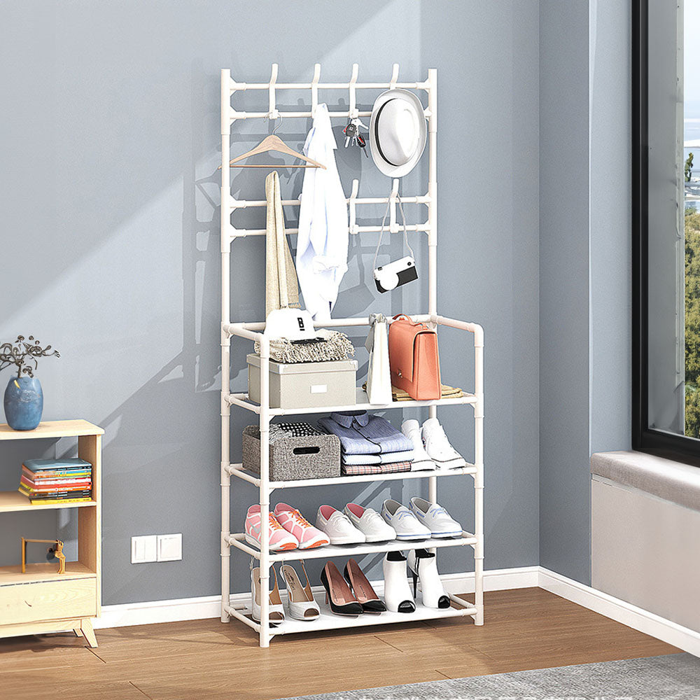 Entryway 4 Tier Shoe Rack With Coat Hanger | White