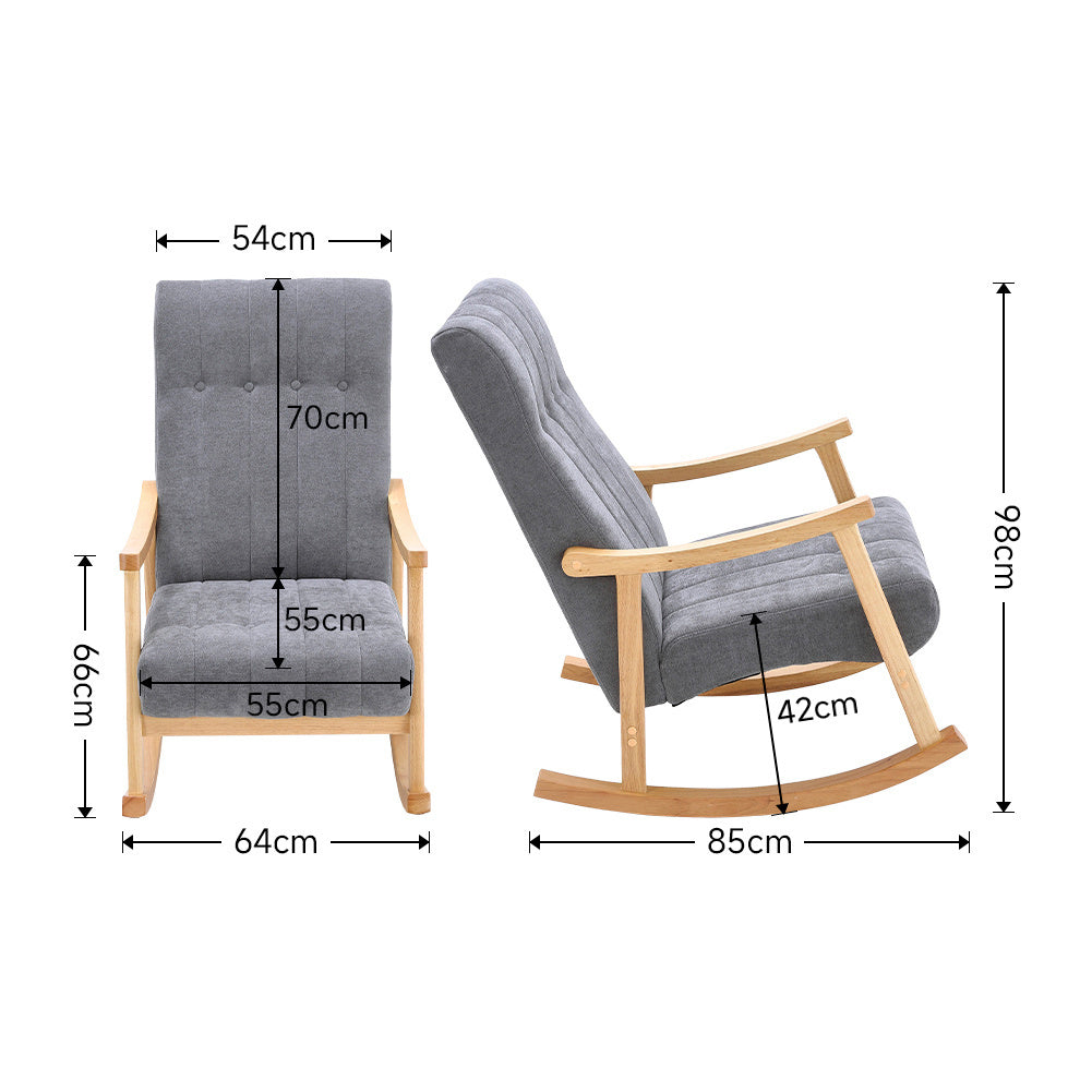 Minimalist Solid Wood Rocking Chair With Tufted Backrest – Ergonomic Design For Comfort And Relaxation | Grey