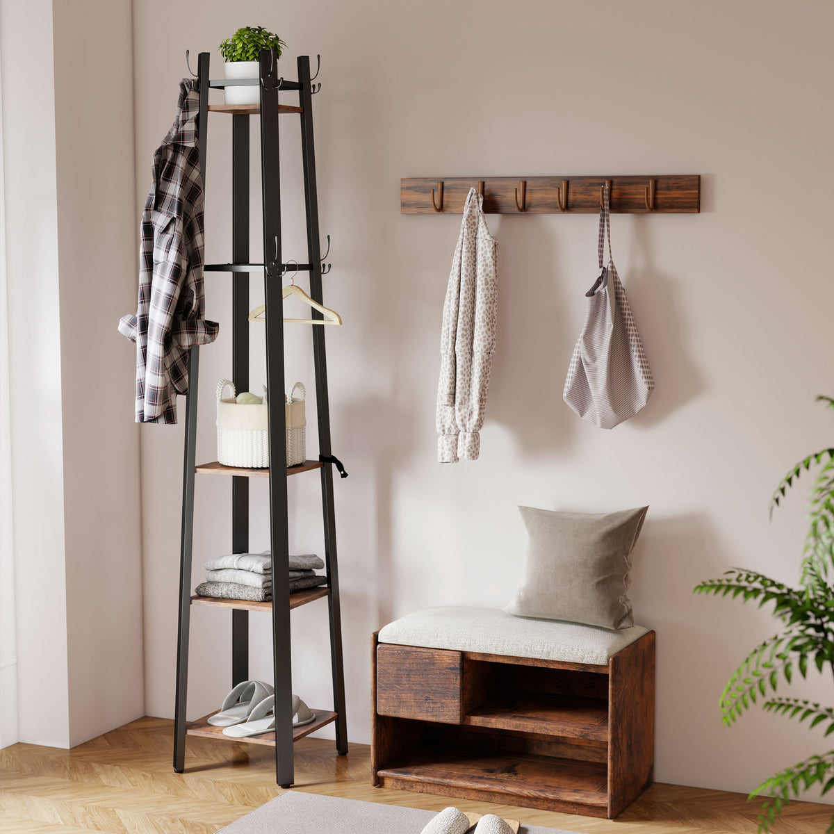HOMCOM Industrial Coat Stand With 4 Storage Shelves And 8 Hooks