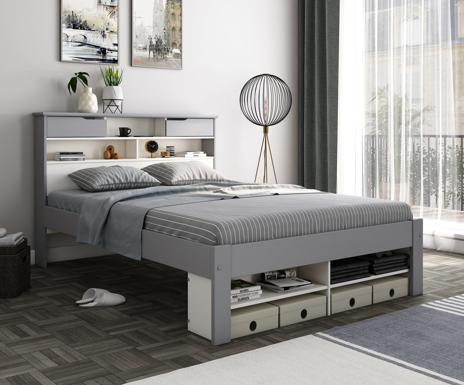 Fabio Wooden Storage Bed With 2 Drawer | Double | Grey