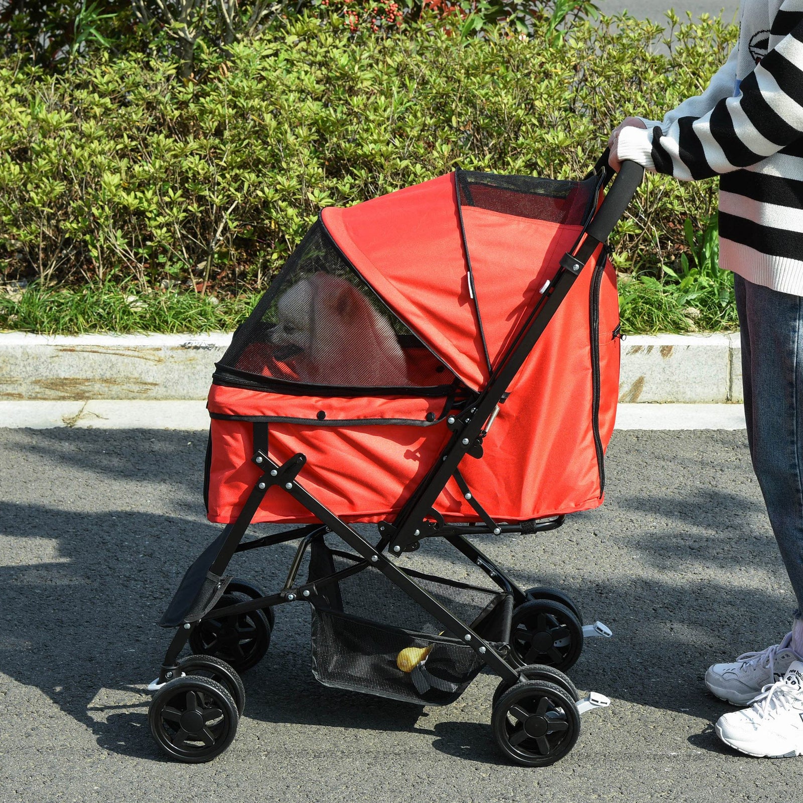 Pet Stroller Dog Foldable Travel Carriage With Reversible Handle | Red