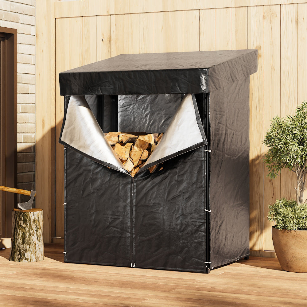 Metal Firewood Log Rack With Waterproof Cover | Small | Black