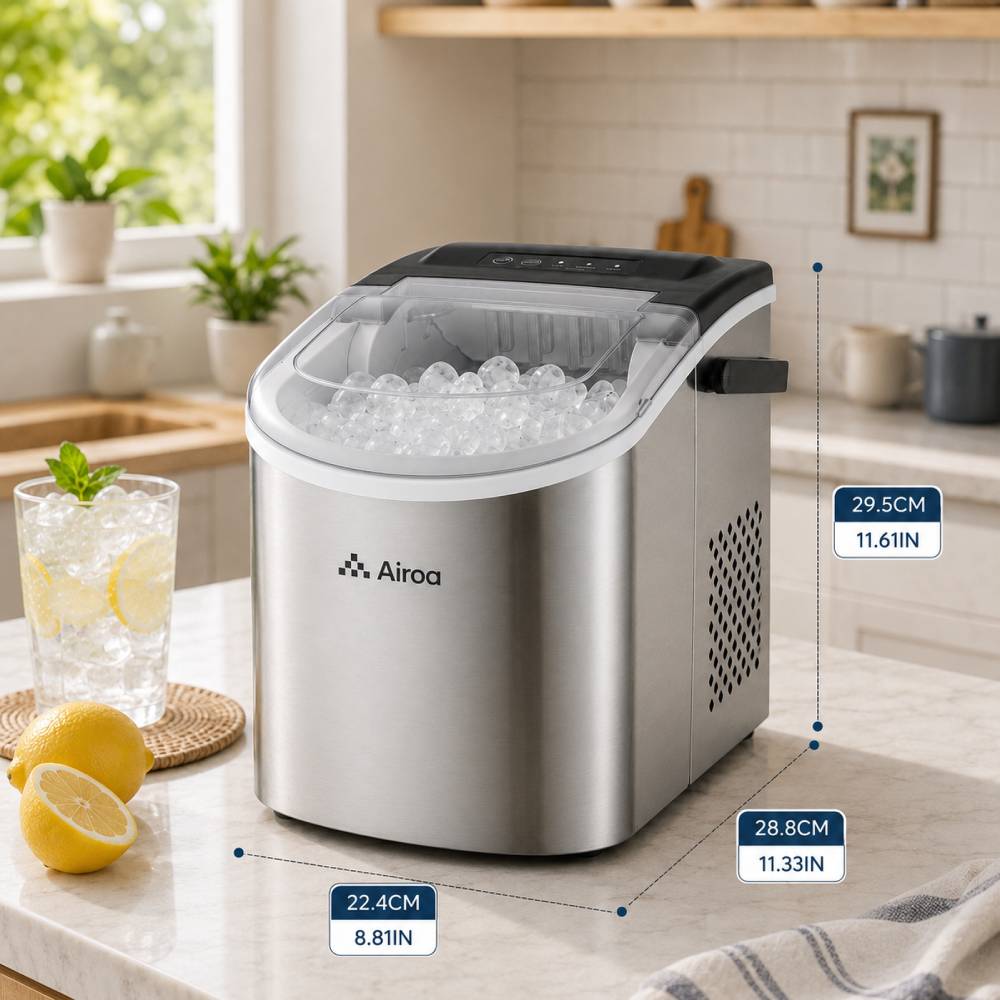 12kg/24h Stainless Steel Portable Countertop Ice Maker Machine 2 Ice Sizes Self-cleaning 1.3l Black
