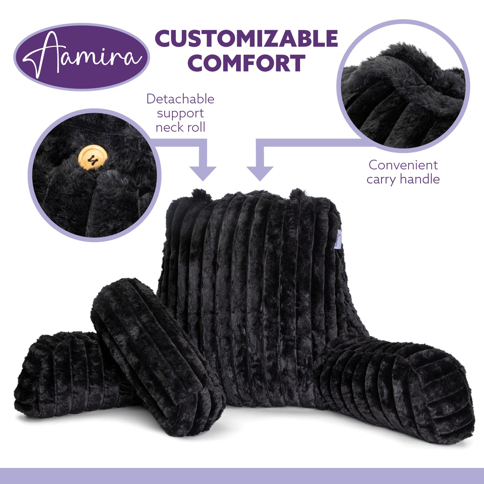 Luxurious Xl Reading Pillow Detachable Headrest, Soft Ribbed Faux Fur, Memory Foam Cuddle Cuddle Cushion Backrest | XL | Black