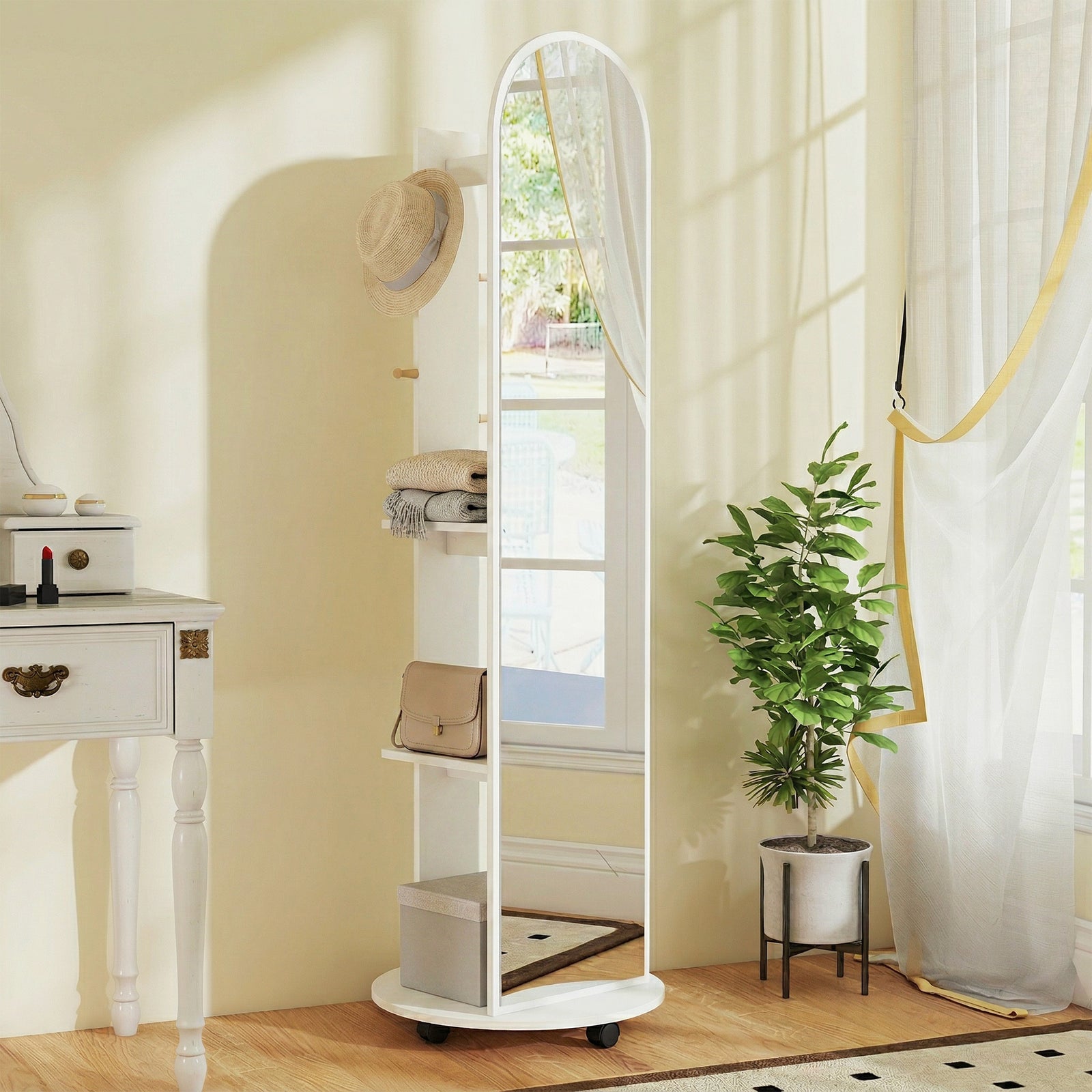 2-in-1 Full Length Mirror With Shelves, 4 Wheels, White | White