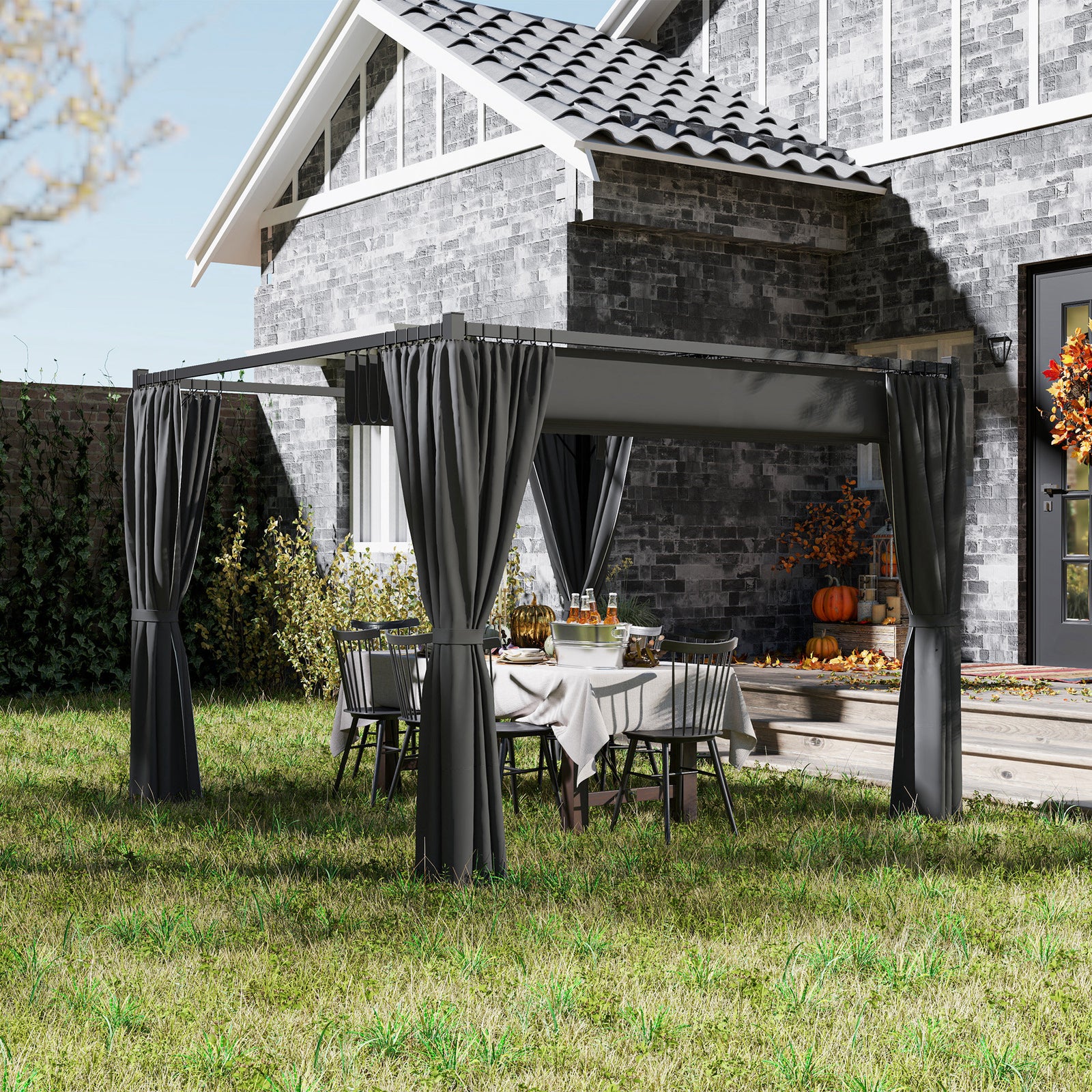 3 X 3(m) Pergola With Retractable Roof And Curtains | Charcoal Gray
