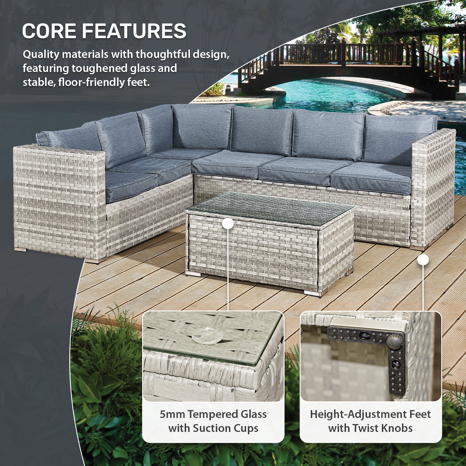 Acorn Rattan 6 Seat Corner Sofa Set | 6 Seat | Dove Grey