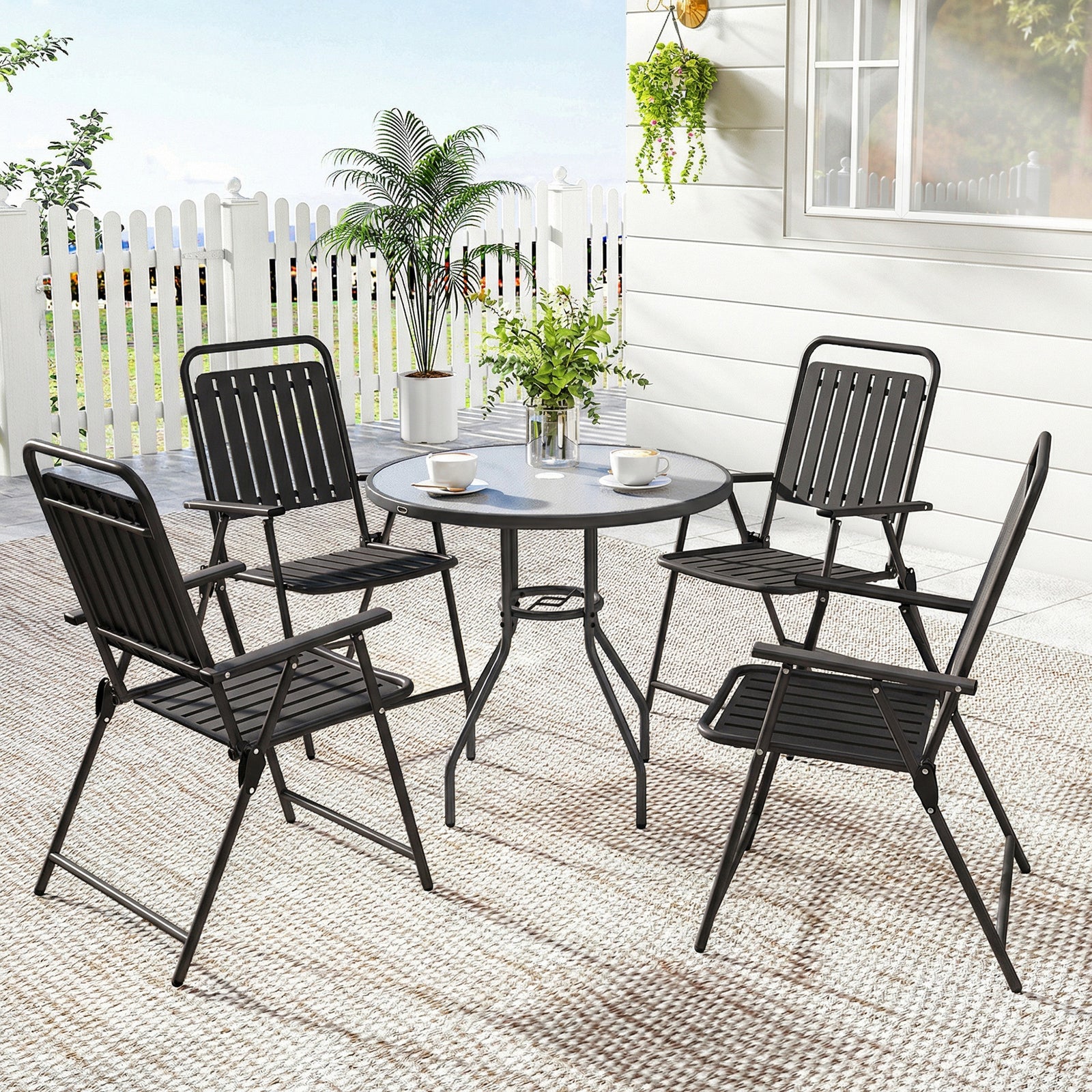 Outsunny Folding Garden Chairs Set Of 4 With Plastic Seat And Back, Black