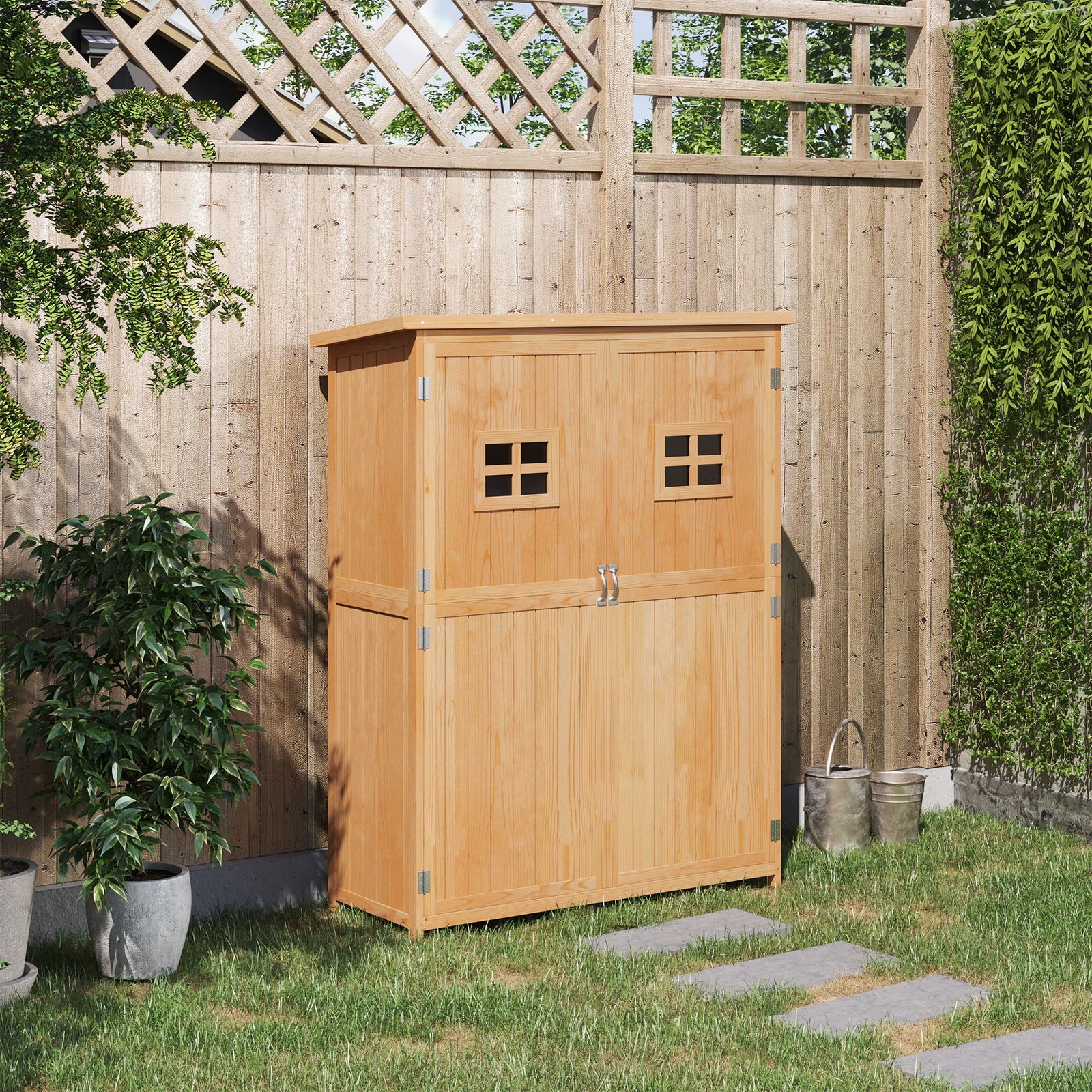 Wooden Garden Shed Tool Storage Cabinet Double Door Shelf | Natura