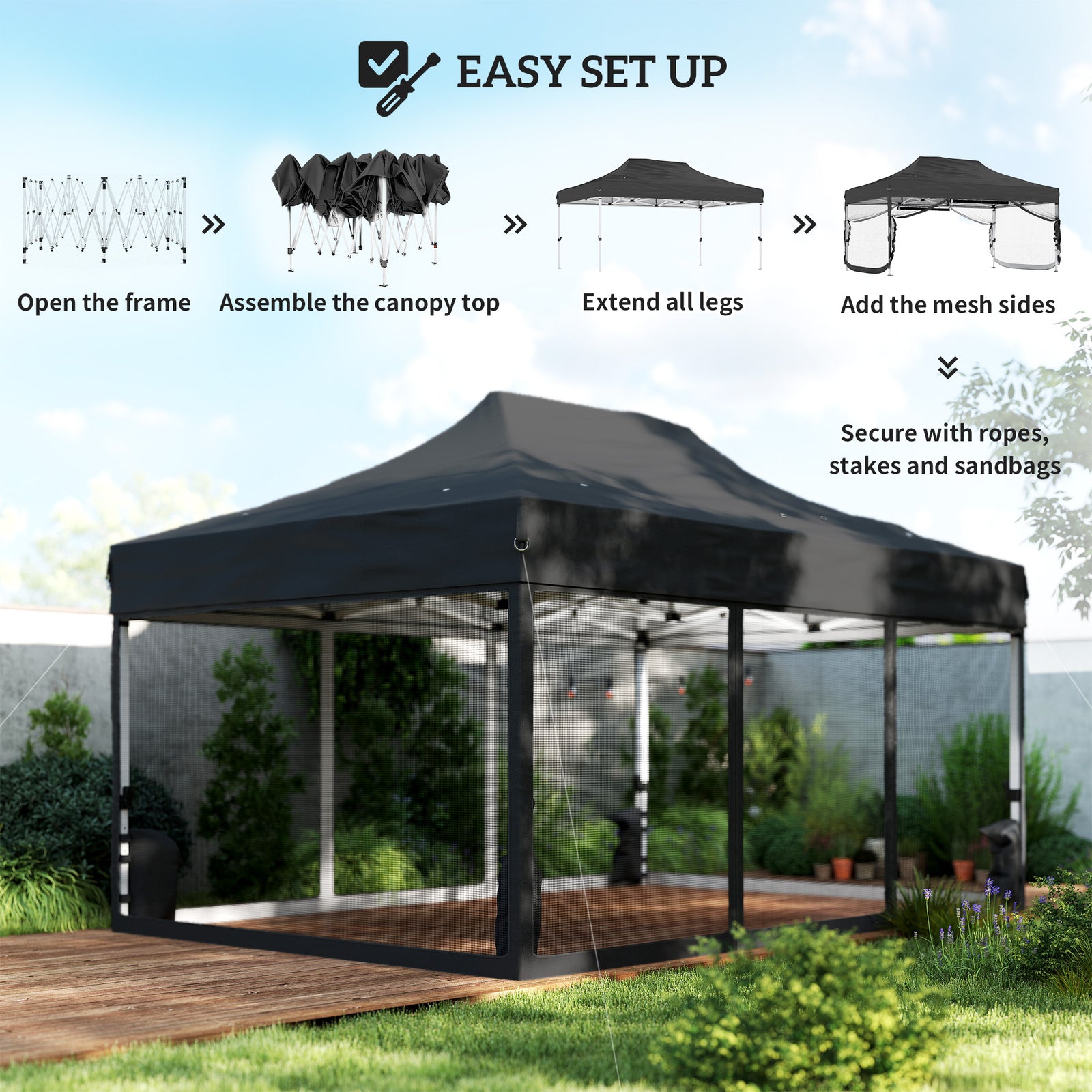 3 X 4.5 M Pop Up Gazebo With Mesh, Heavy Duty Party Tent Marquee | Black