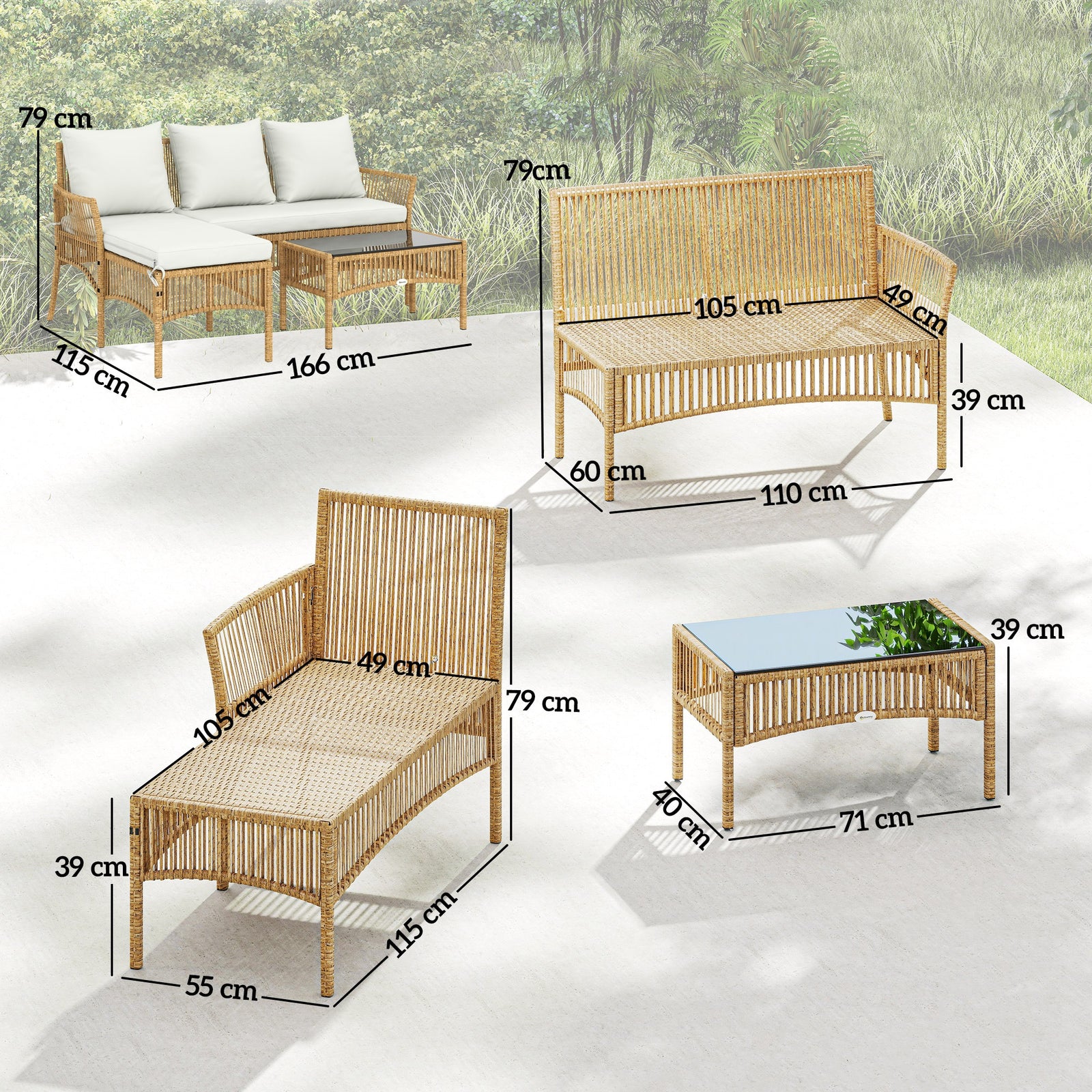 3 Piece Rattan Garden Furniture Set With Cushions | Natural