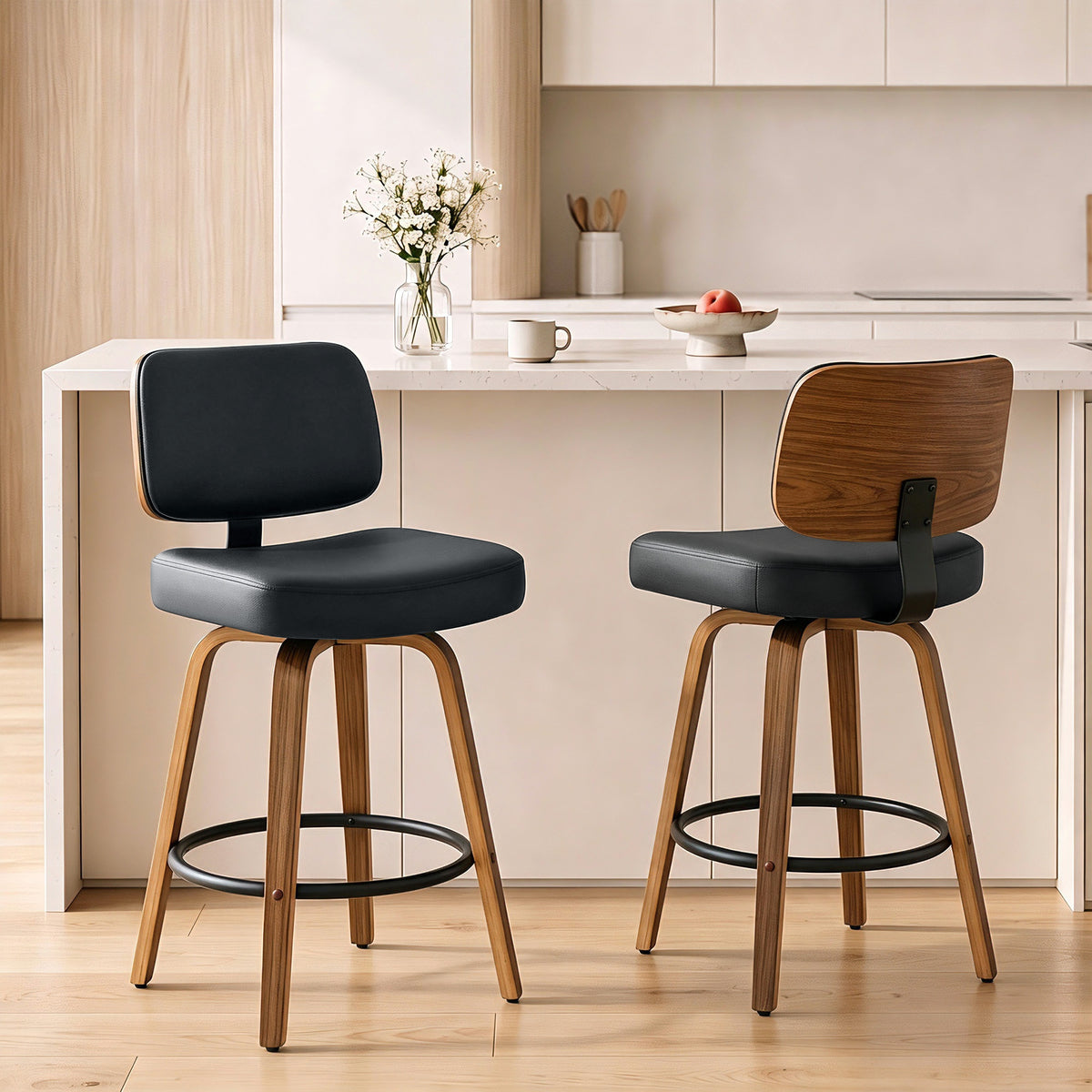 Bar Stools Set Of 2, 360 Swivel Padded Seat, Curved Wood Legs, Black
