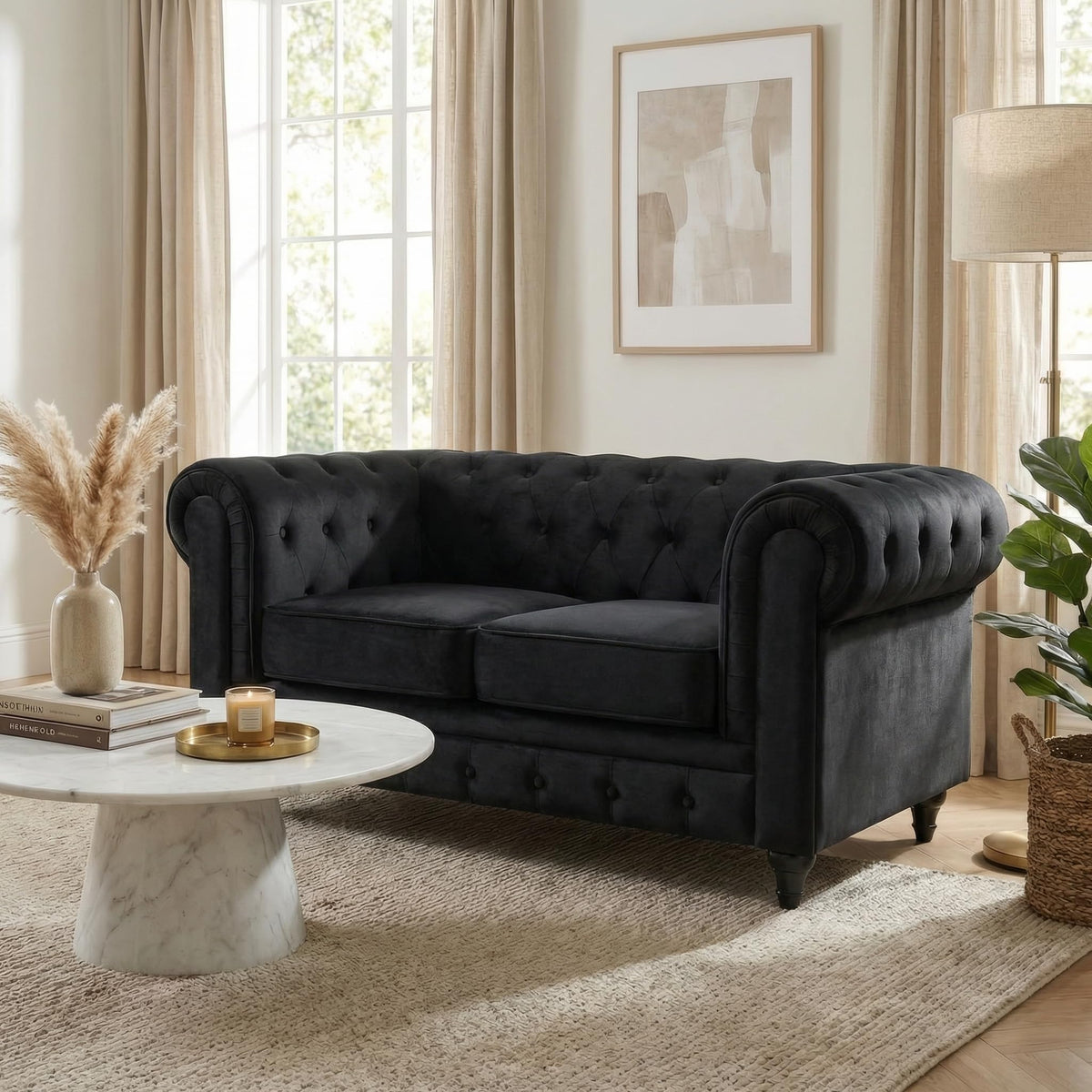 Chesterfield Scroll Arm Velvet Sofa 2 Seater | Black