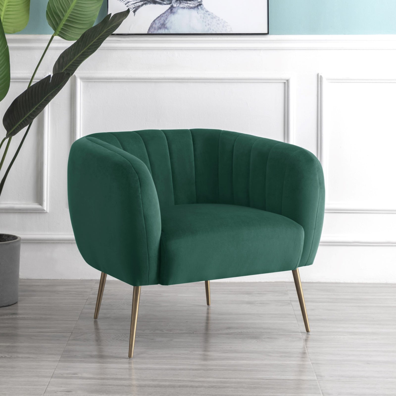 Matilda 84cm Wide Ruched Back Velvet Accent Chair With Brass Coloured Steel Legs | Green