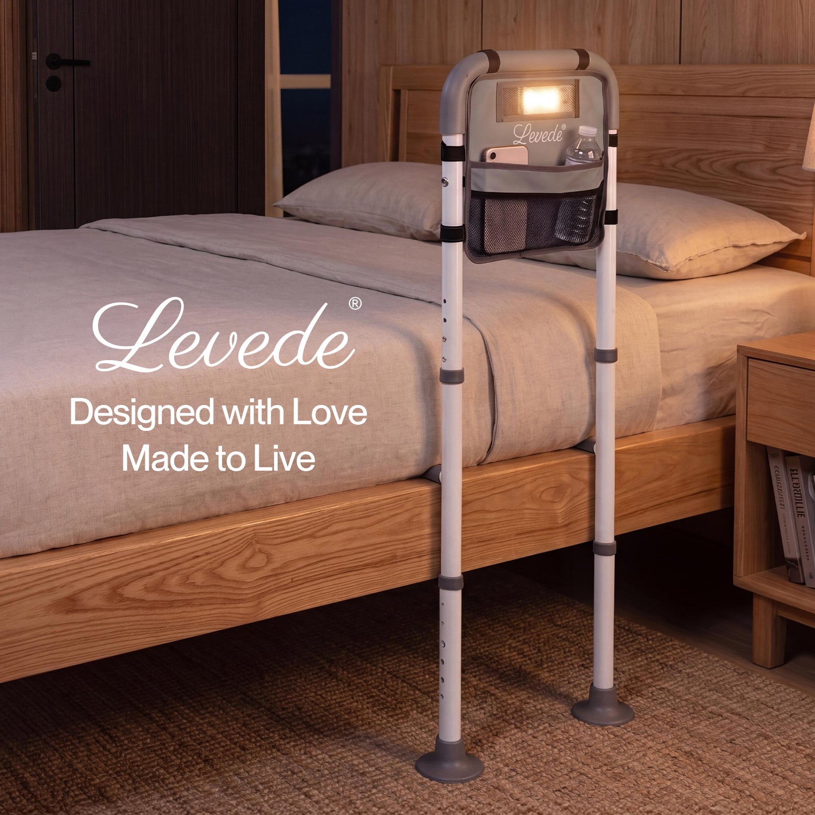 Adjustable Bed Rail With Led Sensor Light Storage Pocket Bed Handle Guard