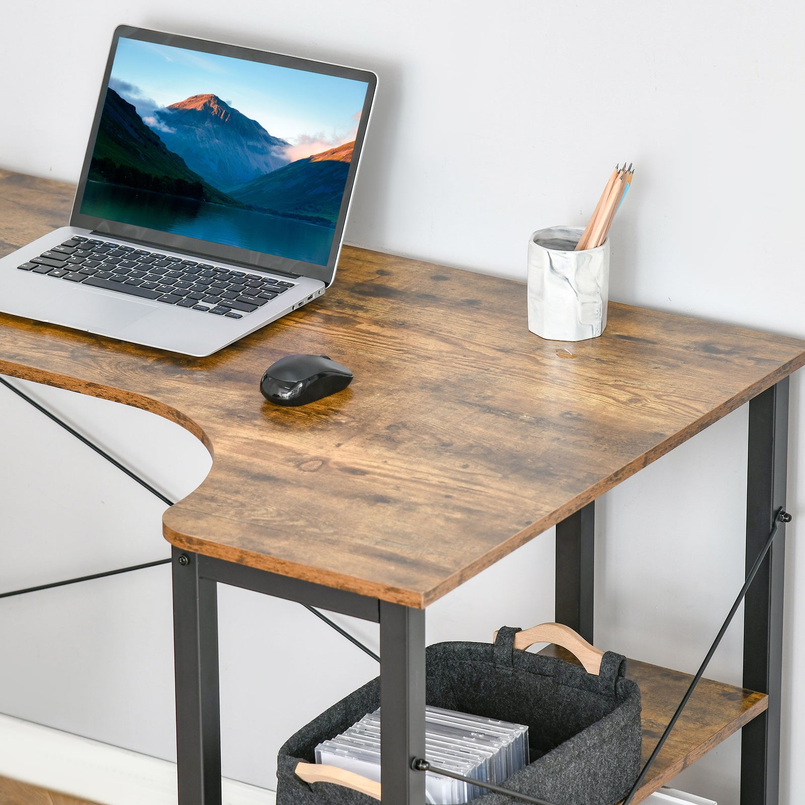 L Shaped Desk, 2 Shelves, Steel Frame