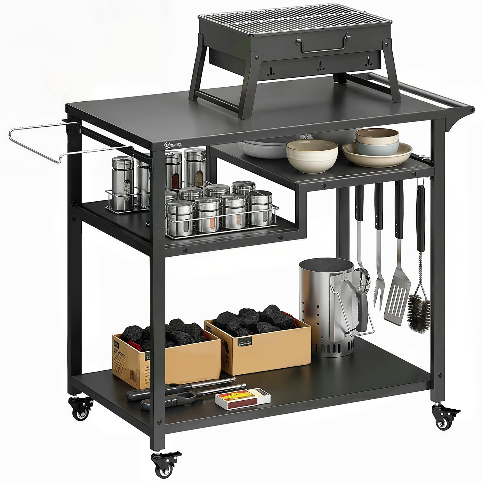 Outsunny Outdoor Grill Cart, Movable Food Prep Table On Wheels, Black