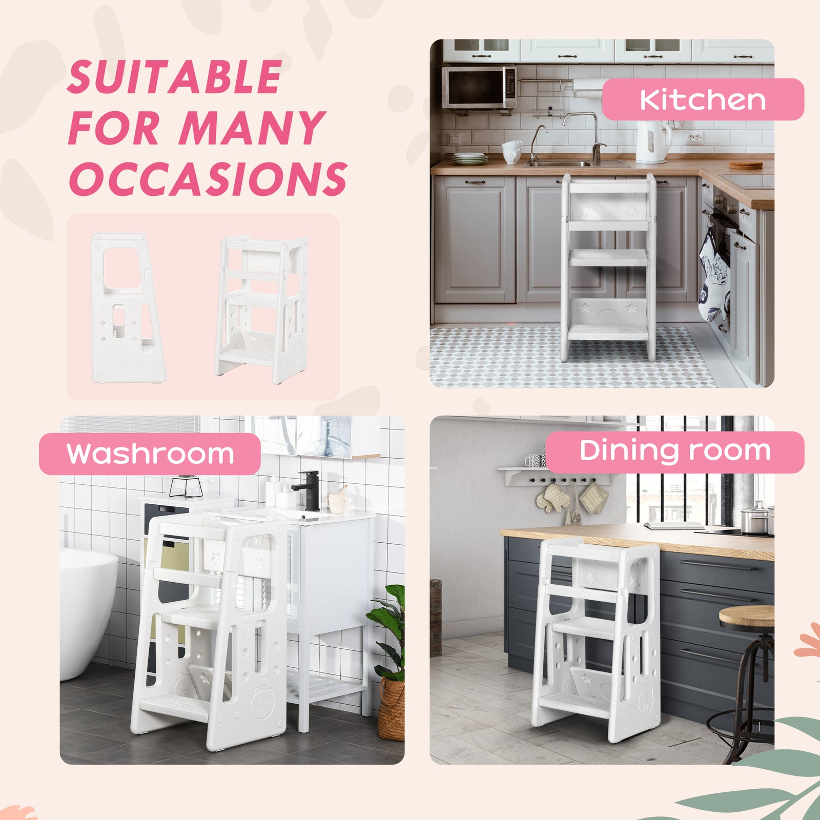 Step Stool, Adjustable Standing Platform, Toddler Kitchen Stool | White