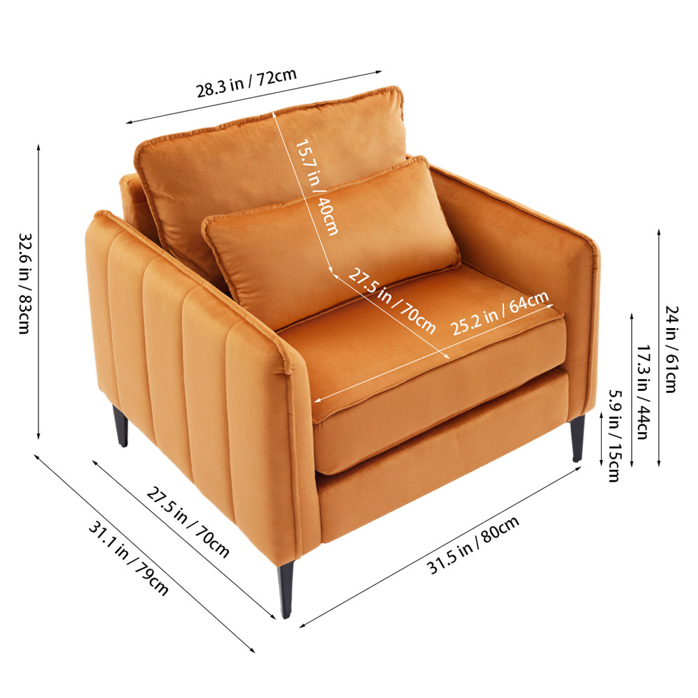 Contemporary Velvet Upholstered Armchair With Supportive Cushions | Orange