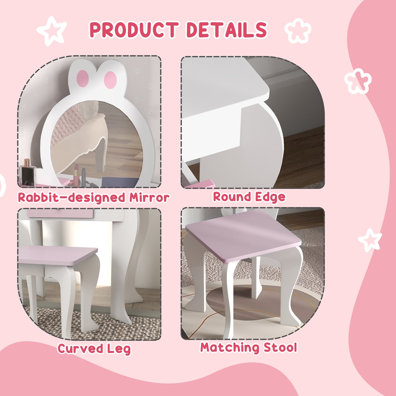 Kids Dressing Table With Mirror And Stool, Rabbit Design, For Ages 3-6 Years | White