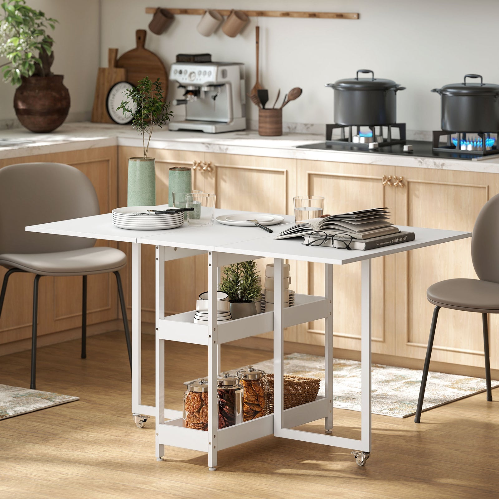 Folding Dining Table, Drop Leaf Table With Open Compartments | White