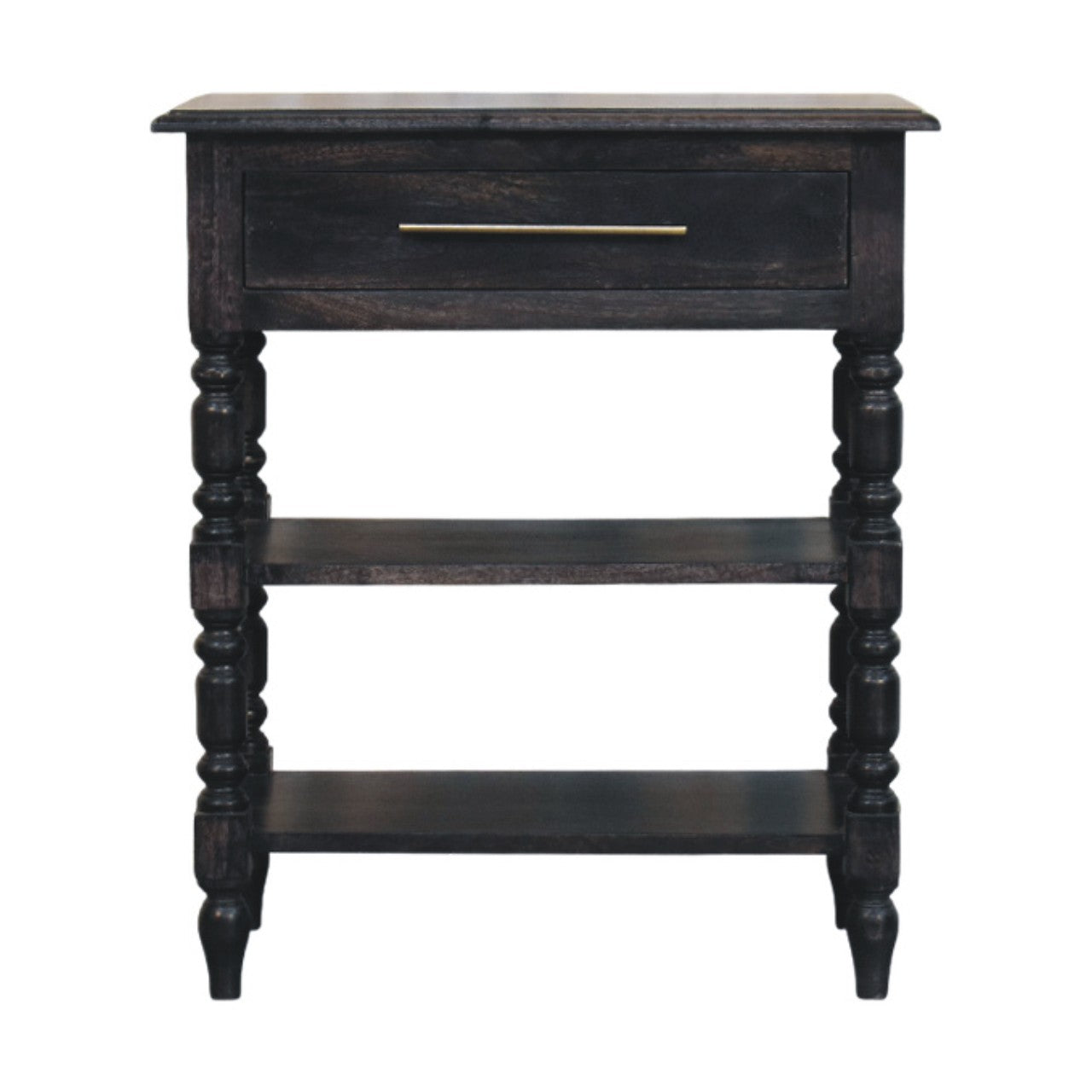 Heritage Turned-leg Side Table,1 Drawer, 2 Open Shelves, Dark brown