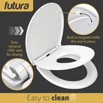Futura Family Toilet Seat Soft Close White Oval, Bulit In Child Seat, Kids & Toddler Friendly, Quick Release, Top & Bottom Fixings
